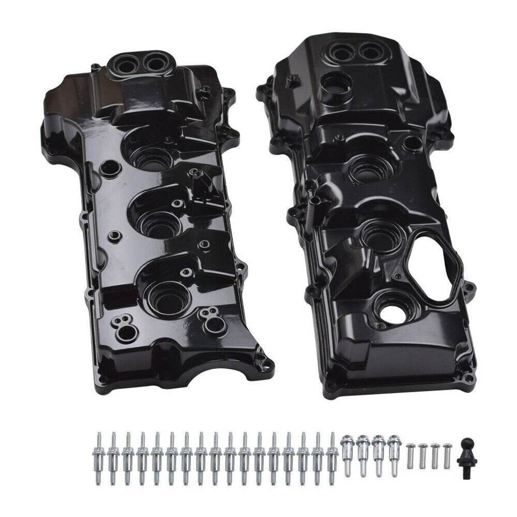 Black valve cover pair with hardware bolts and molded circular ports