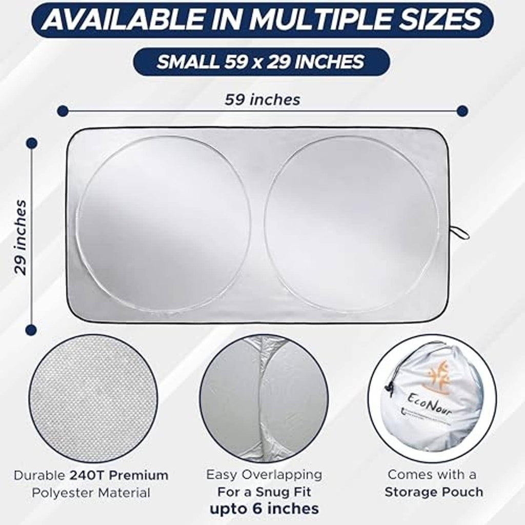 Small 59 x 29 in car windshield sun shade with two circular sections and pouch