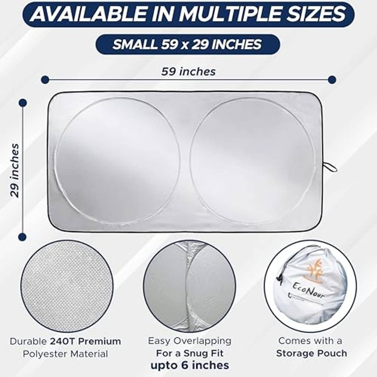 Small 59 x 29 in car windshield sun shade with two circular sections and pouch