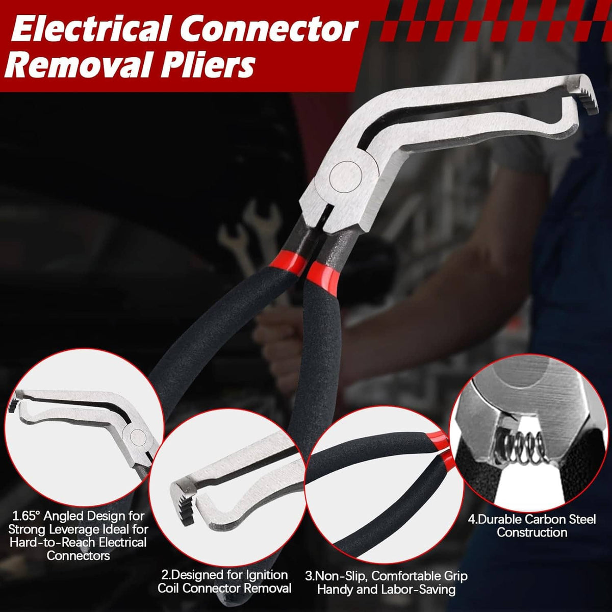 Single electrical connector removal pliers with angled jaw and black-and-red handle