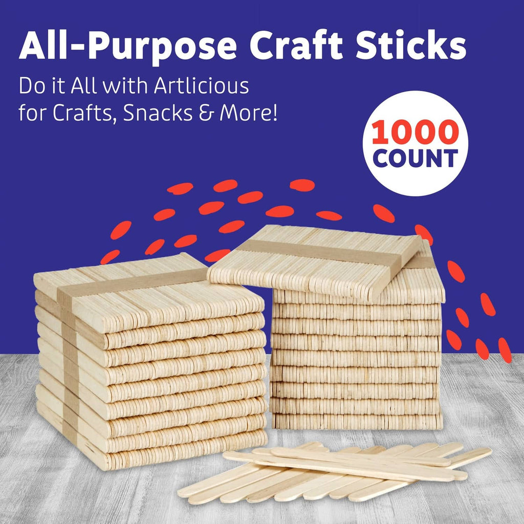 Wood craft sticks stack with craft sticks scattered, 1000-count bundle