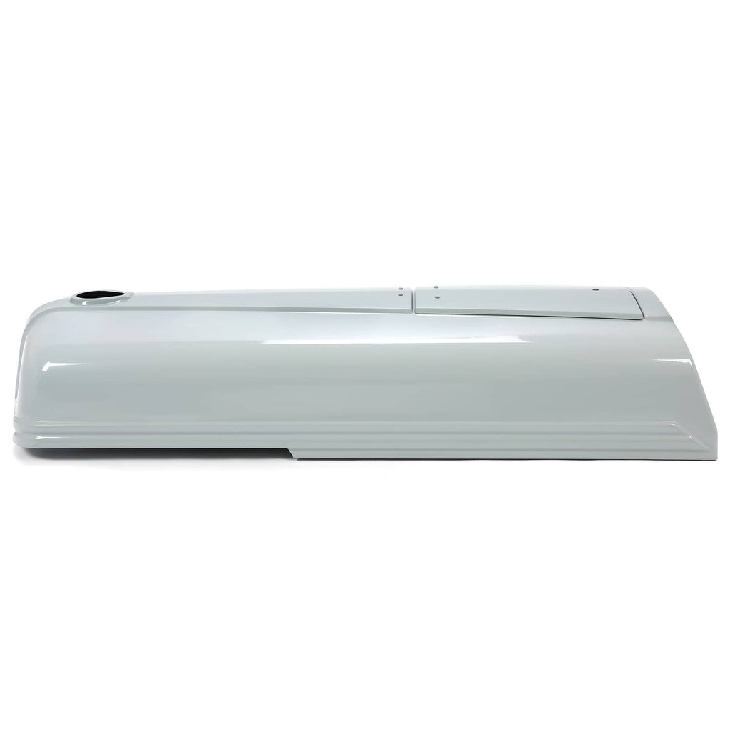 Gray tractor engine hood top view with center seam and black round port