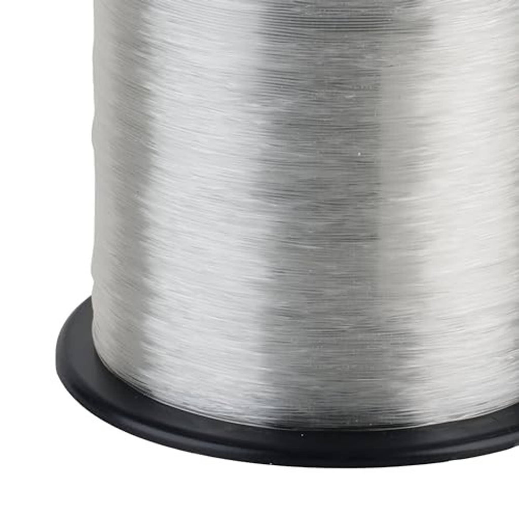 Fluorocarbon fishing line wound on a black spool base, close-up view