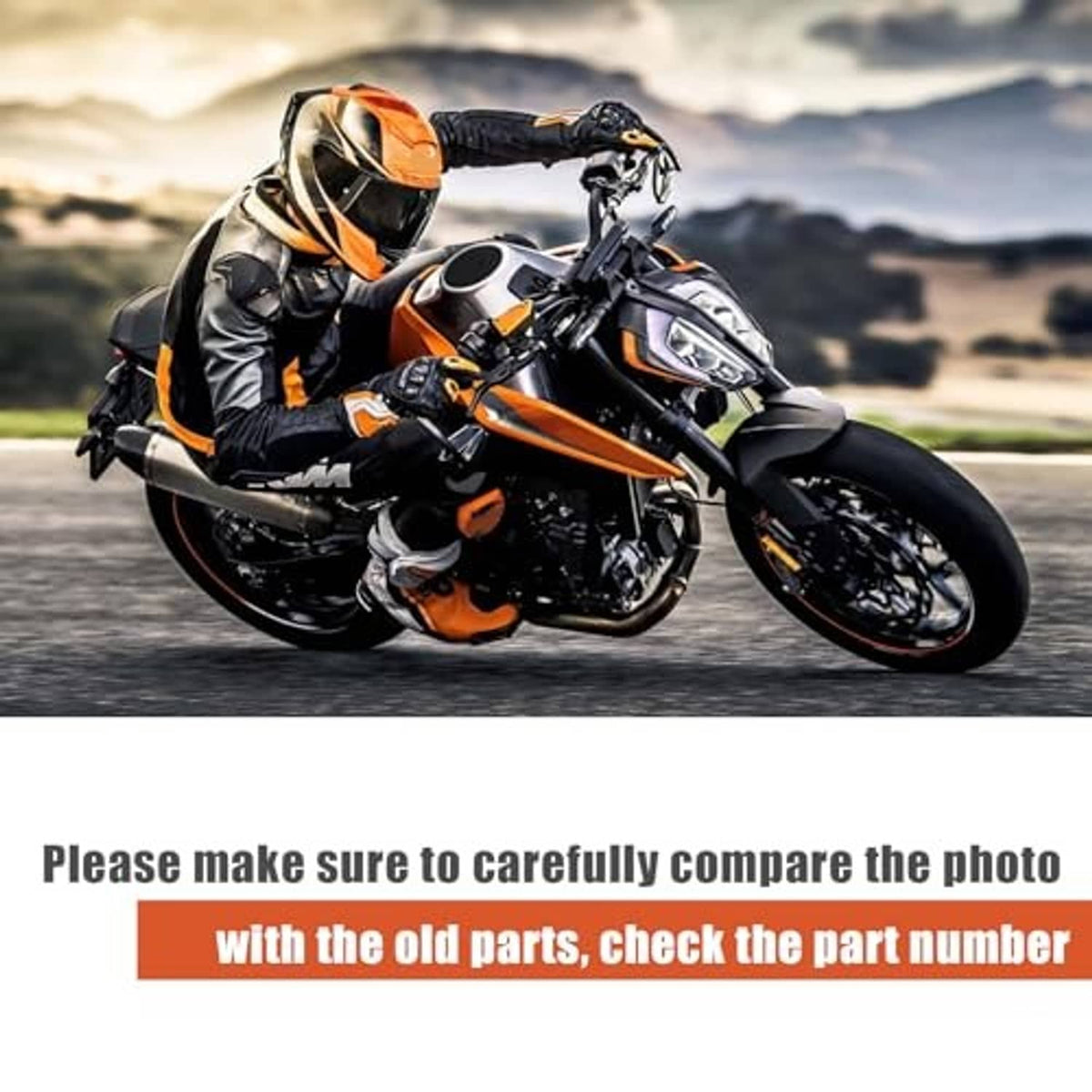 No clear product shown; motorcycle image with orange warning text bar.
