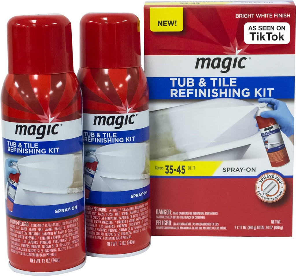 Magic tub and tile refinishing kit spray-on aerosol cans, red caps, white label