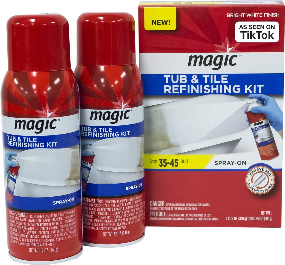 Magic tub and tile refinishing kit spray-on aerosol cans, red caps, white label