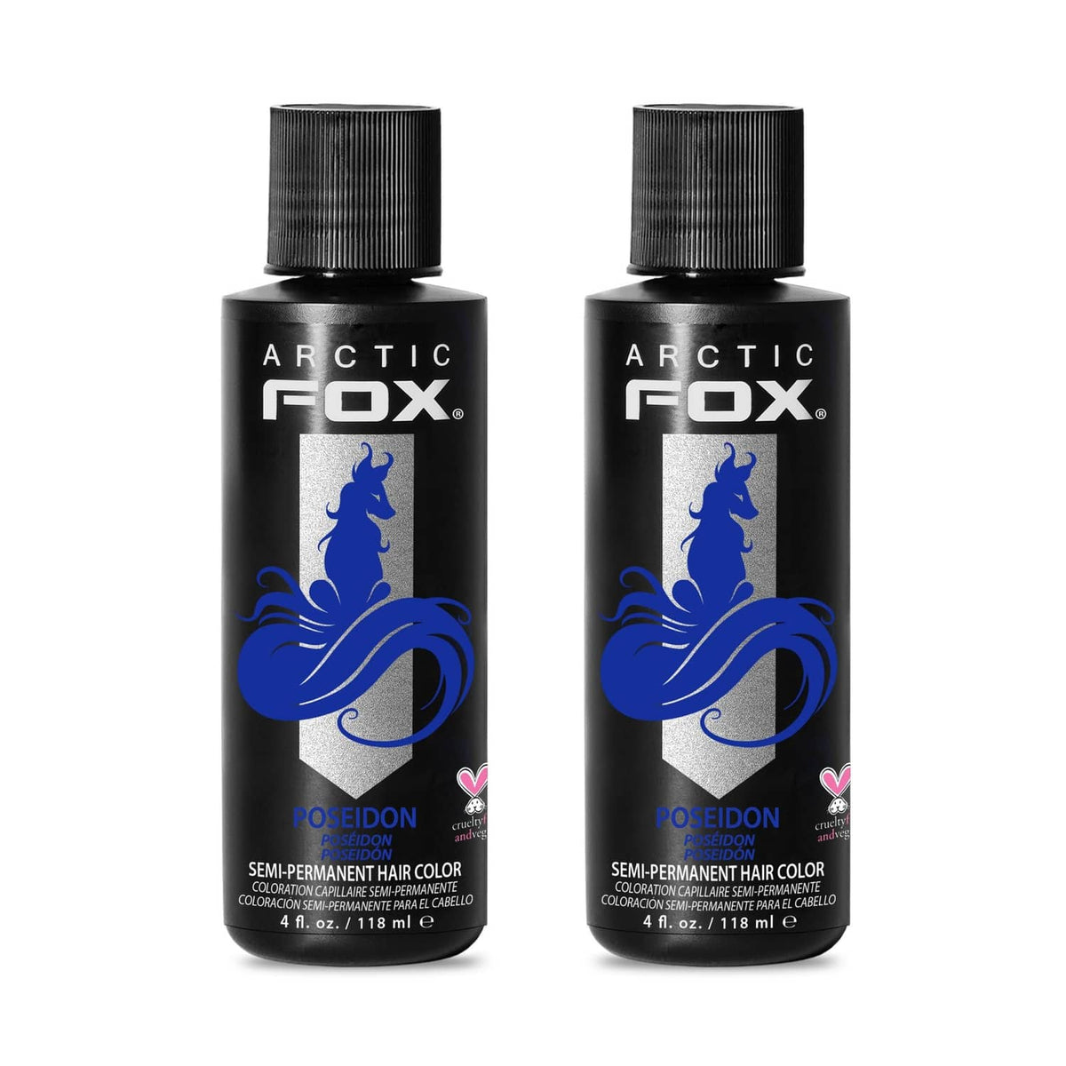 Semi-permanent hair dye bottles, Poseidon blue shade, black caps (pack of 2).