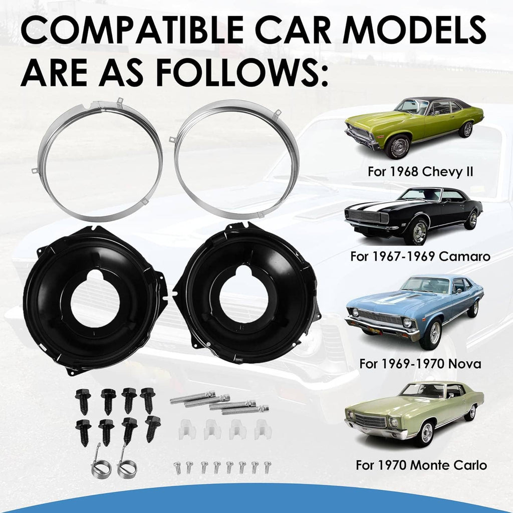 Headlight mounting bucket and retaining ring kit shown with multiple compatibility vehicle models