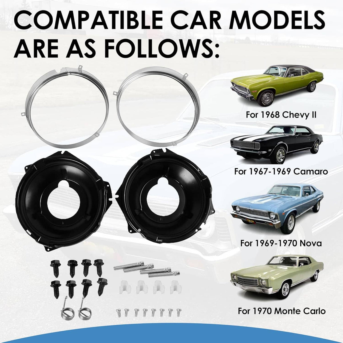 Headlight mounting bucket and retaining ring kit shown with multiple compatibility vehicle models
