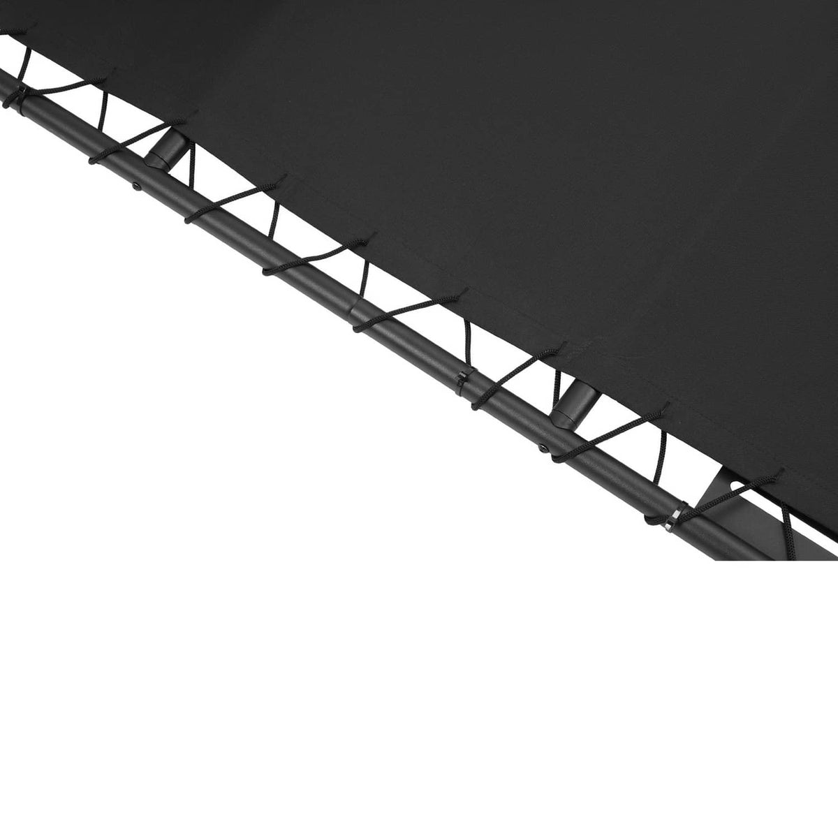 Close-up of black canopy fabric secured to tubular bimini frame rails.
