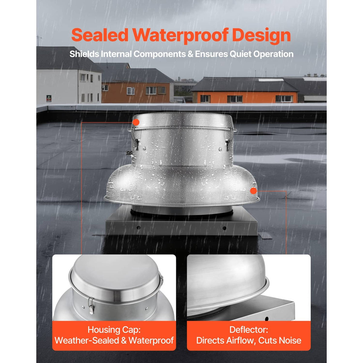 Roof ventilation fan with sealed aluminum housing and water droplets over the unit
