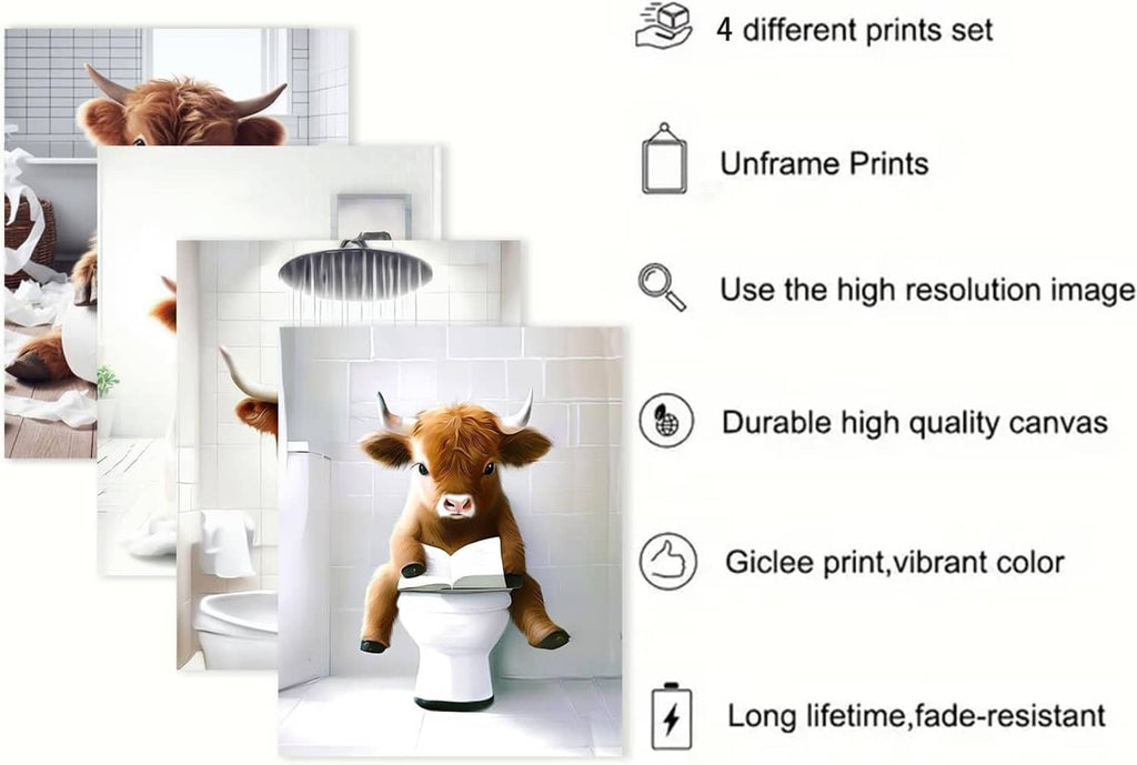 Four framed Highland cow bathroom canvas prints featuring shower and toilet