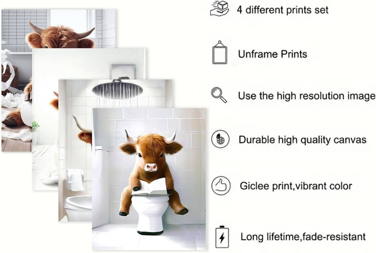 Four framed Highland cow bathroom canvas prints featuring shower and toilet