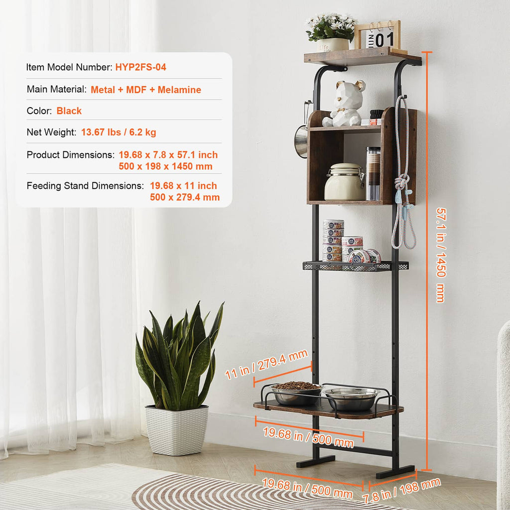 Black dog feeding station with storage shelves and raised two-bowl tray, 7 adjustable height settings