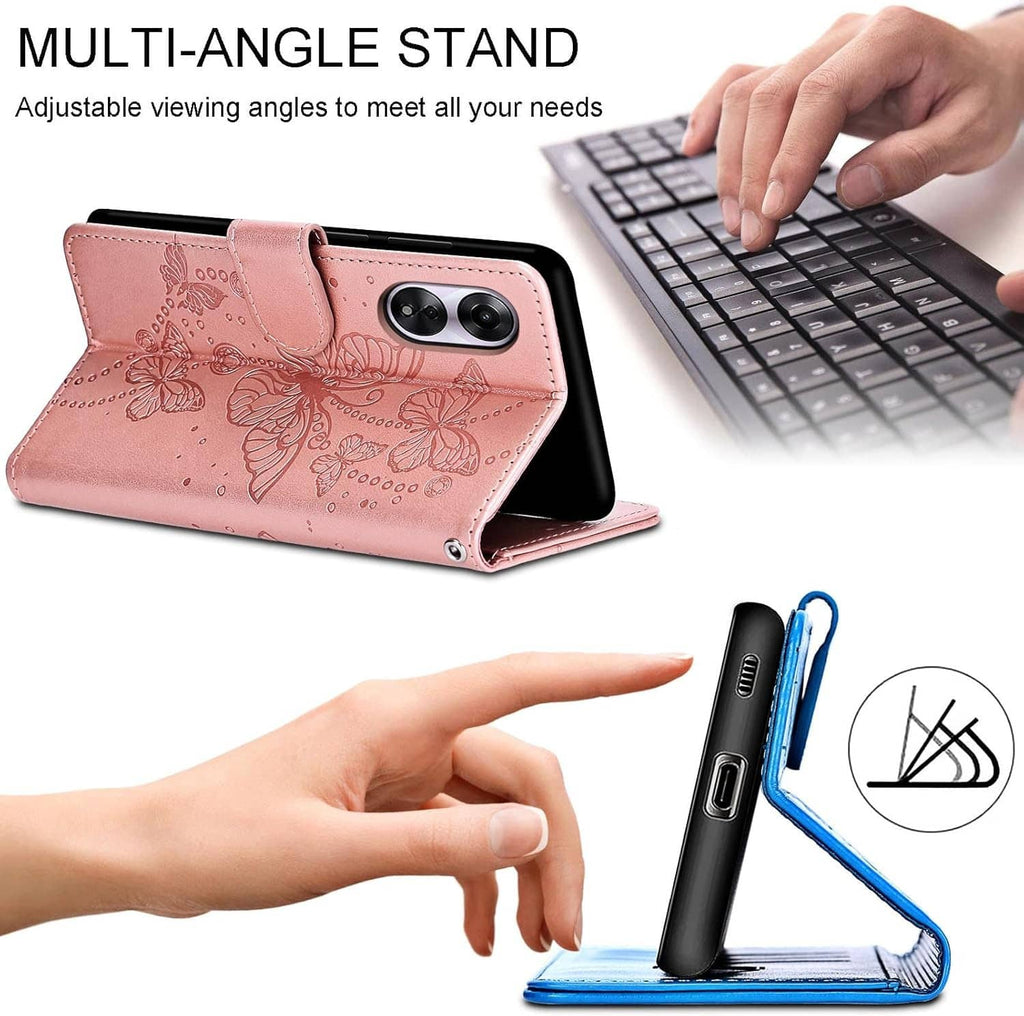 Pink folio wallet case with multi-angle stand showing phone in a viewing position