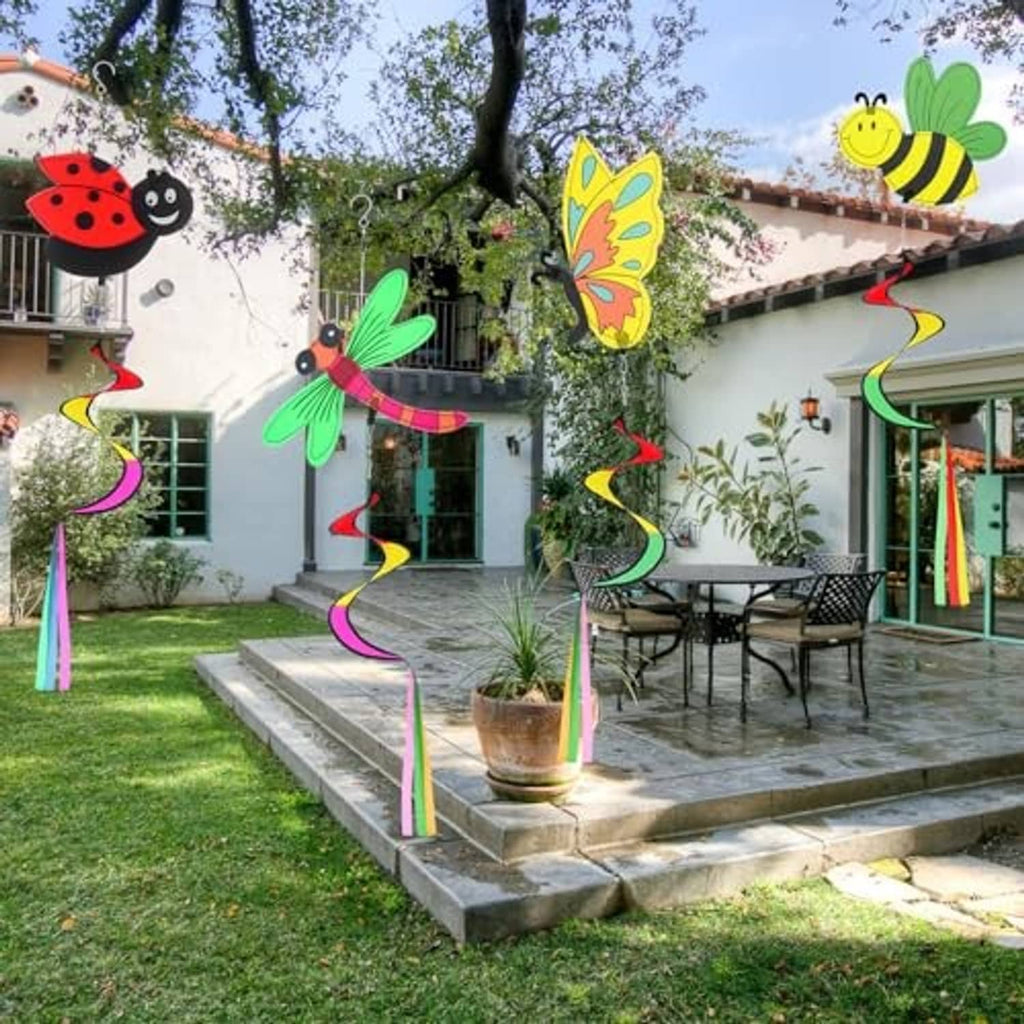 Garden wind spinner set featuring ladybug, butterfly, dragonfly, and bee with rainbow spiral ribbons