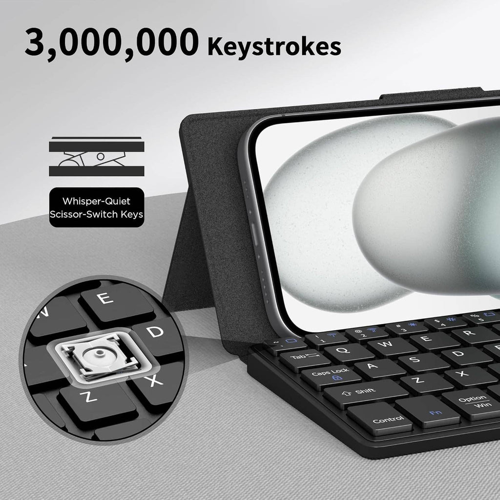 Wireless mini keyboard with phone stand, black keys, close-up typing and bracket