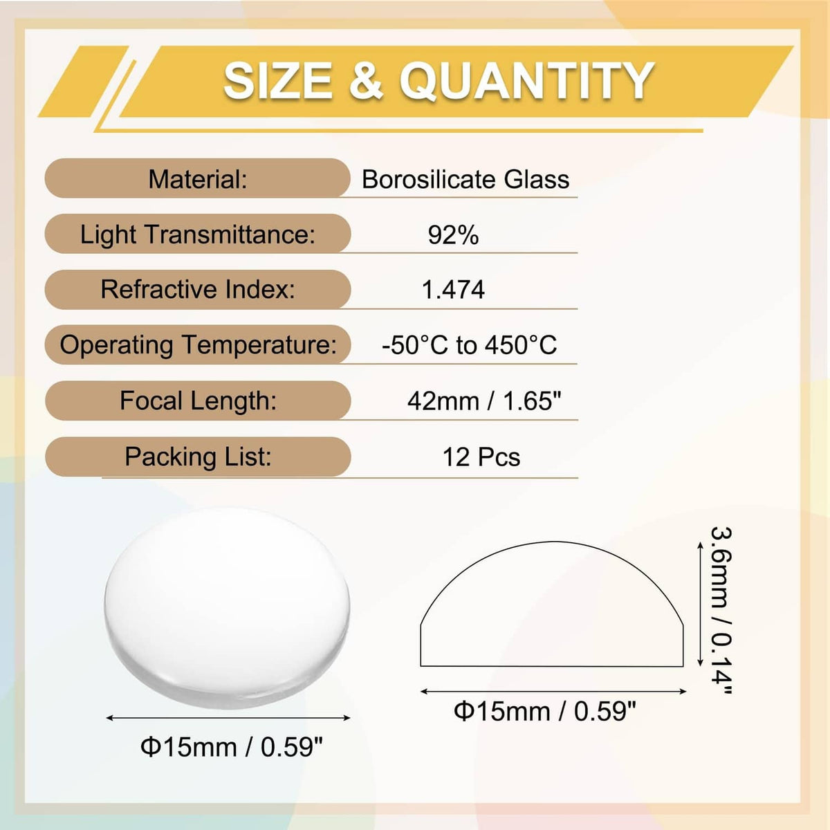 Convex glass lens domes, 15mm diameter and 3.6mm thickness, set of 12