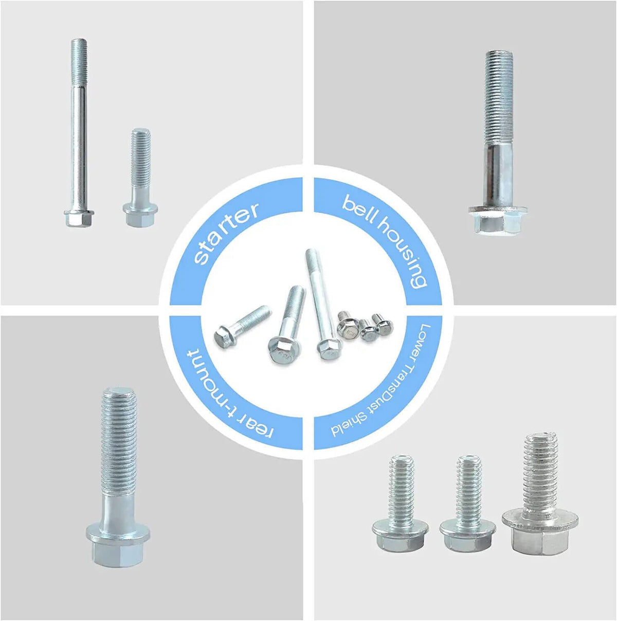 Transmission bolt kit with mixed long and short bolts plus included screws