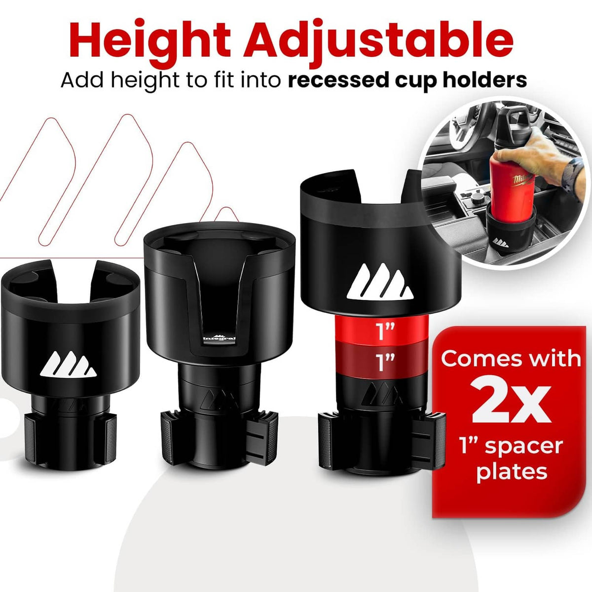 Black height-adjustable cup holder expander with 2 spacer plates
