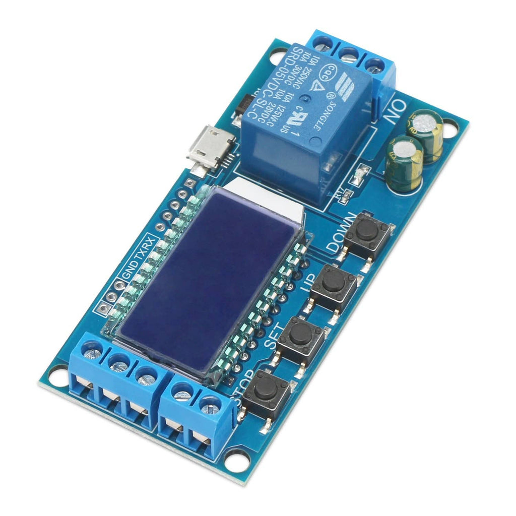 Timer relay delay module with blue PCB, MicroUSB connector, and relay terminal block