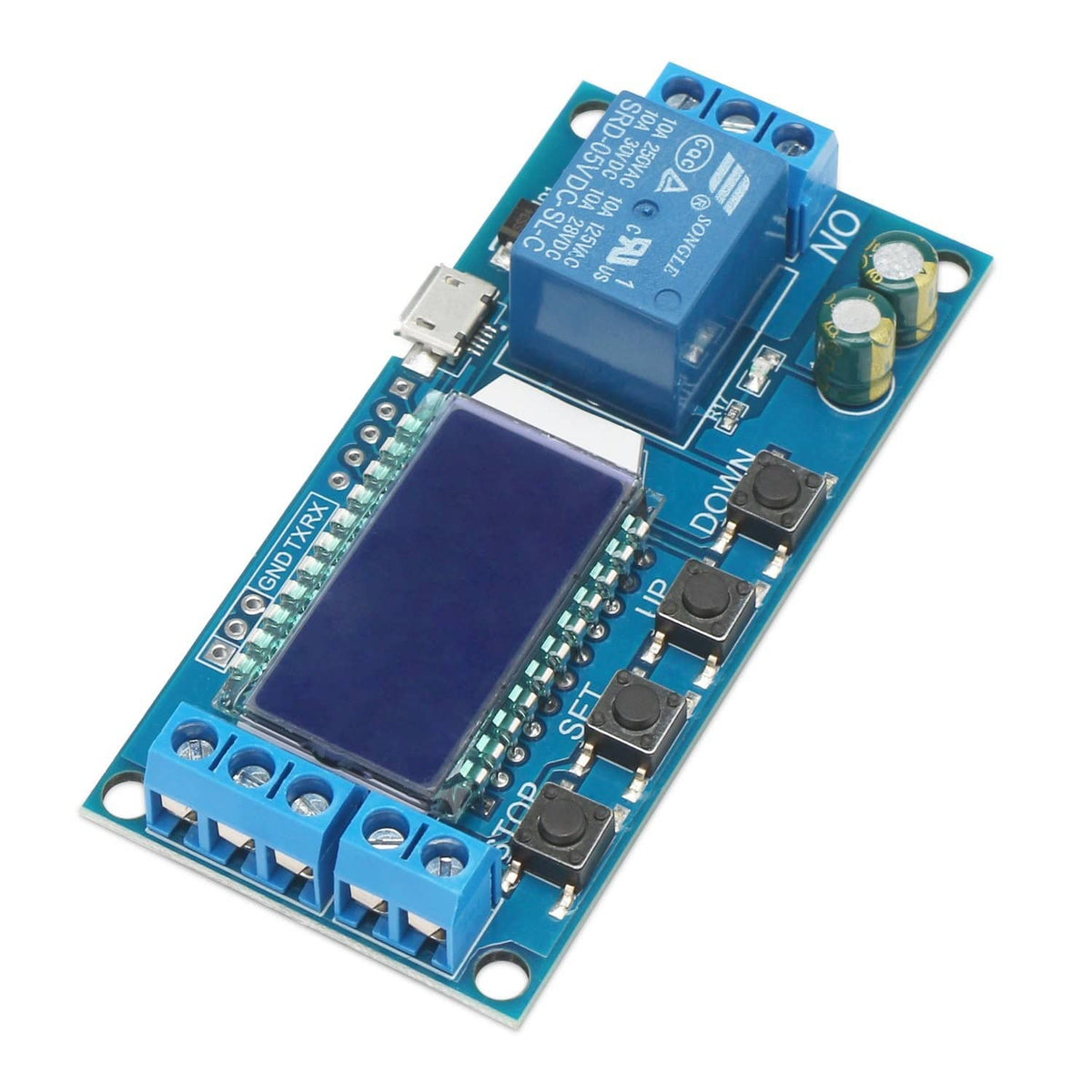 Timer relay delay module with blue PCB, MicroUSB connector, and relay terminal block