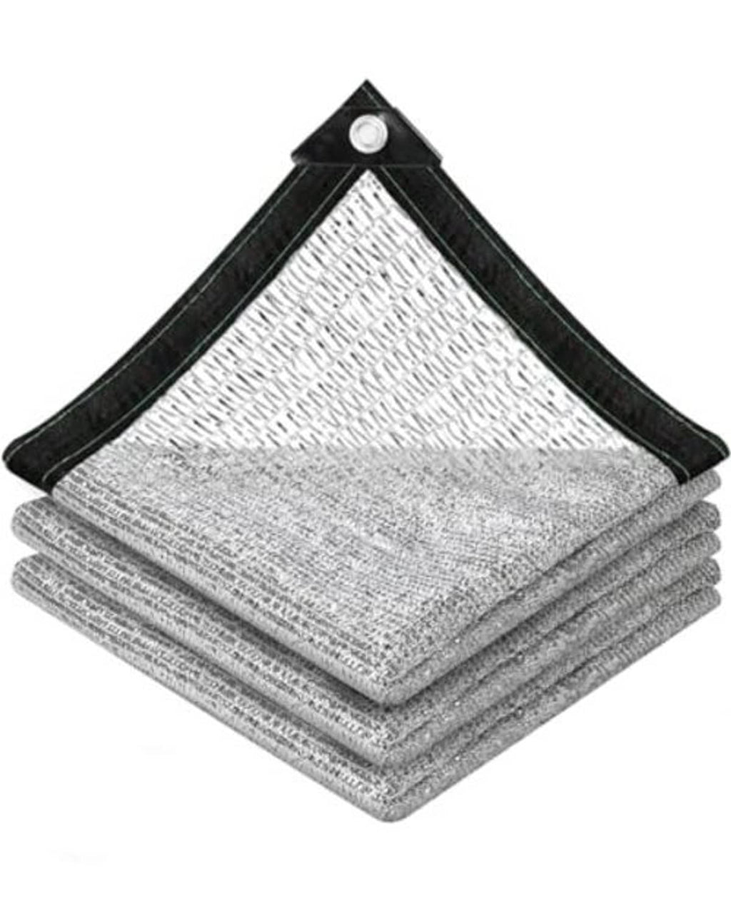 Reflective aluminet shade cloth folded, gray mesh with black corners and metal grommet tabs