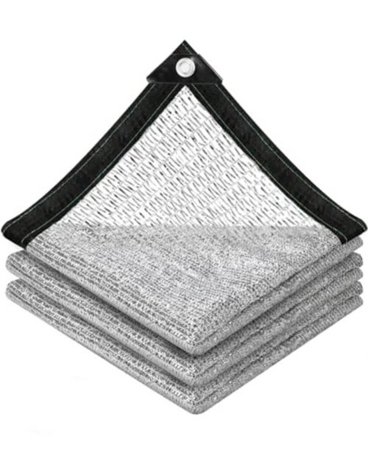 Reflective aluminet shade cloth folded, gray mesh with black corners and metal grommet tabs