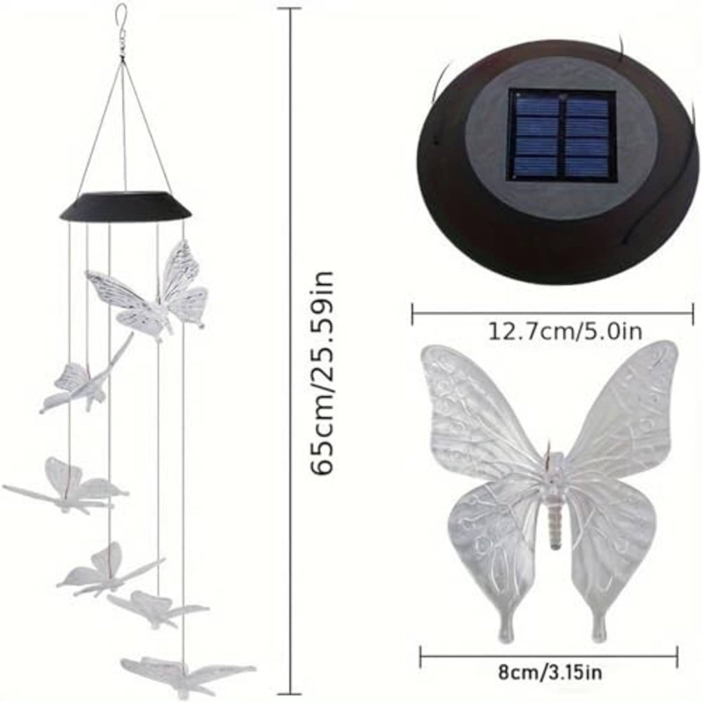 Solar butterfly wind chimes with butterfly figures and round solar panel top view