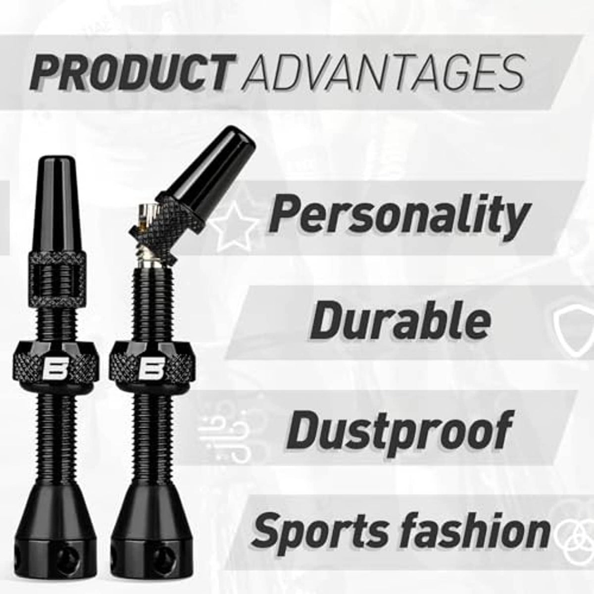 Black Presta tubeless valve stems pair with knurled collars and dustproof end caps