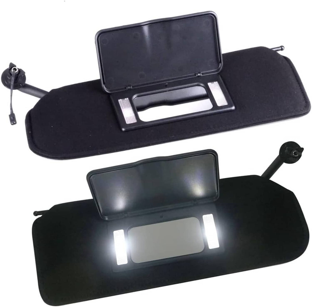 Pair of black sun visors with LED lights illuminated through rectangular windows