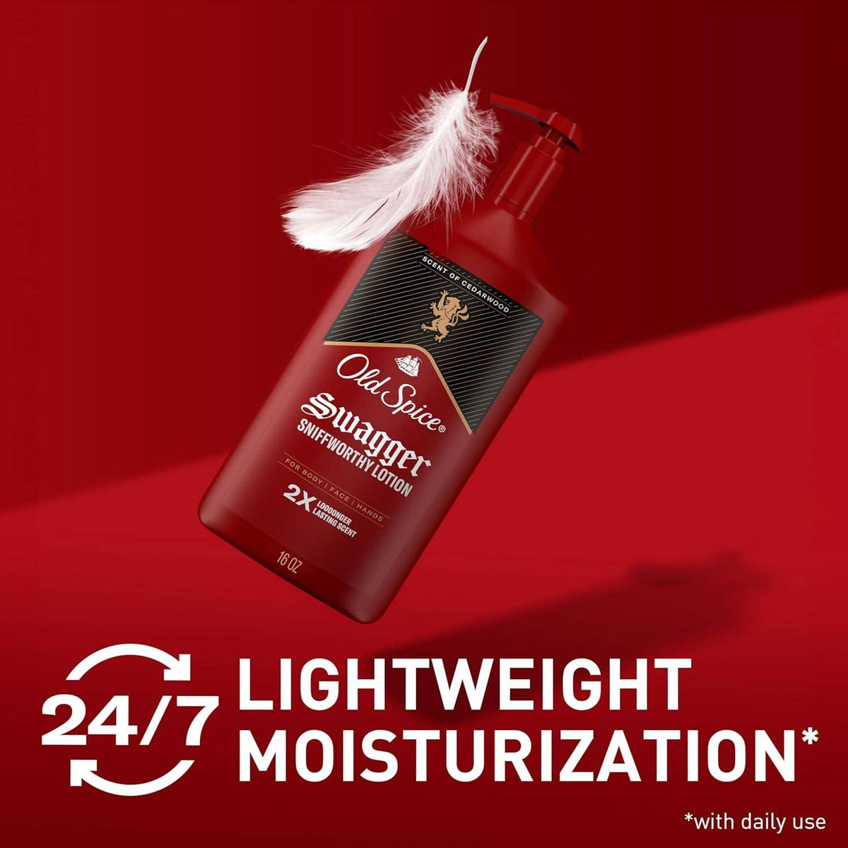 Old Spice Swagger snifworthy lotion pump bottle with feather accent