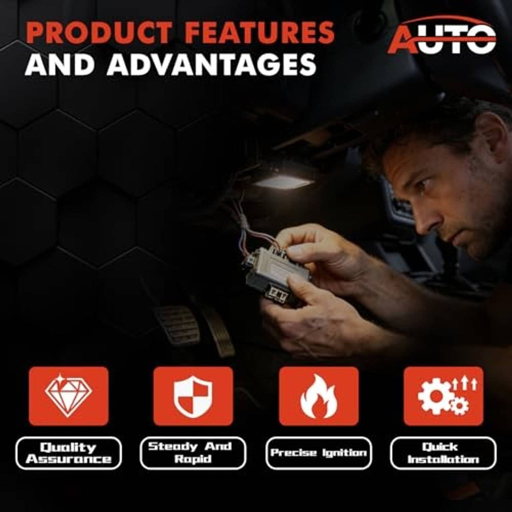 Ignition control module product features infographic with shield flame and quick installation icons