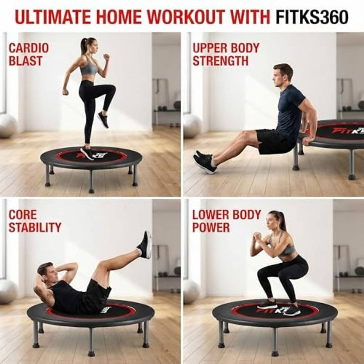 Round trampoline for home workouts with black mat, red rim, and FITKS logo