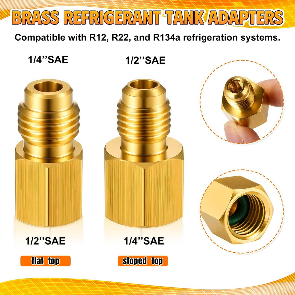 Brass refrigerant tank adapter couplers with 1/4 and 1/2 SAE male ports