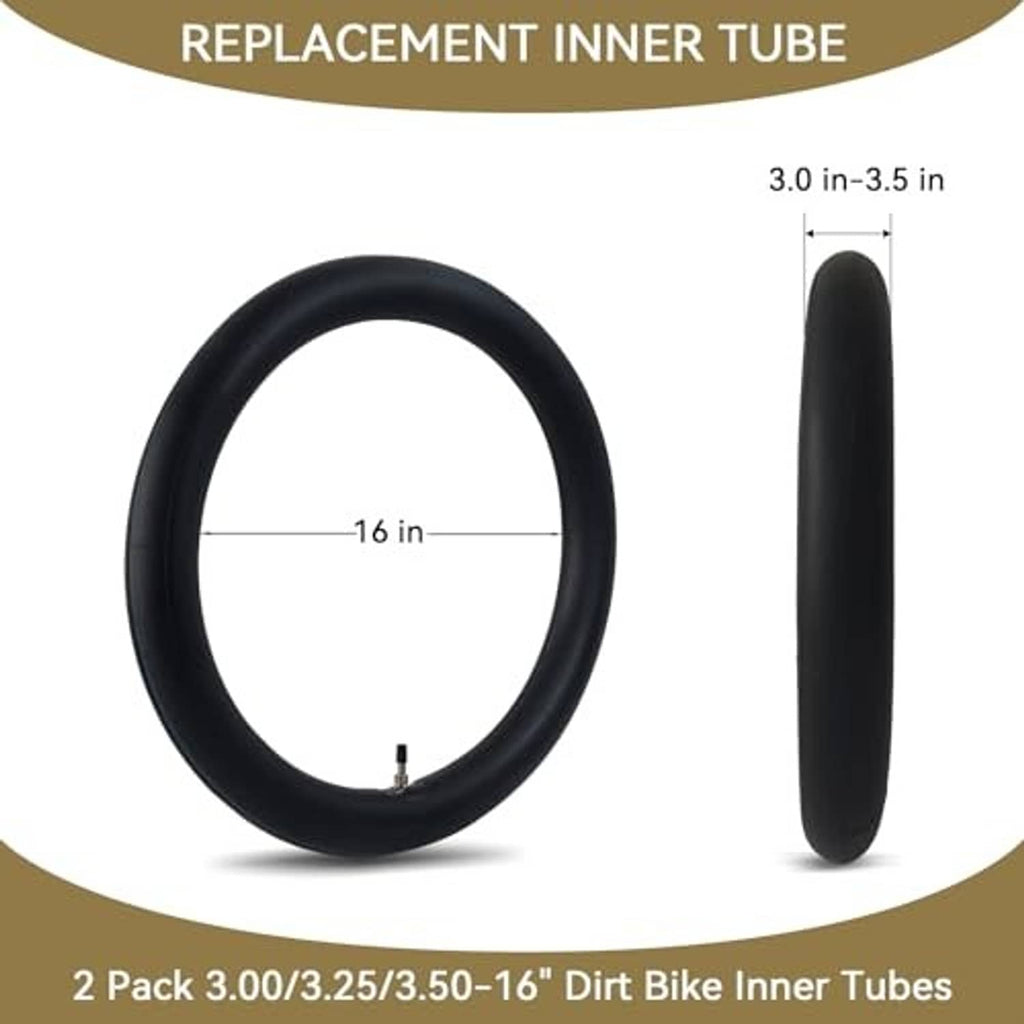 Black replacement inner tube for dirt bike tire, with valve stem and size markings