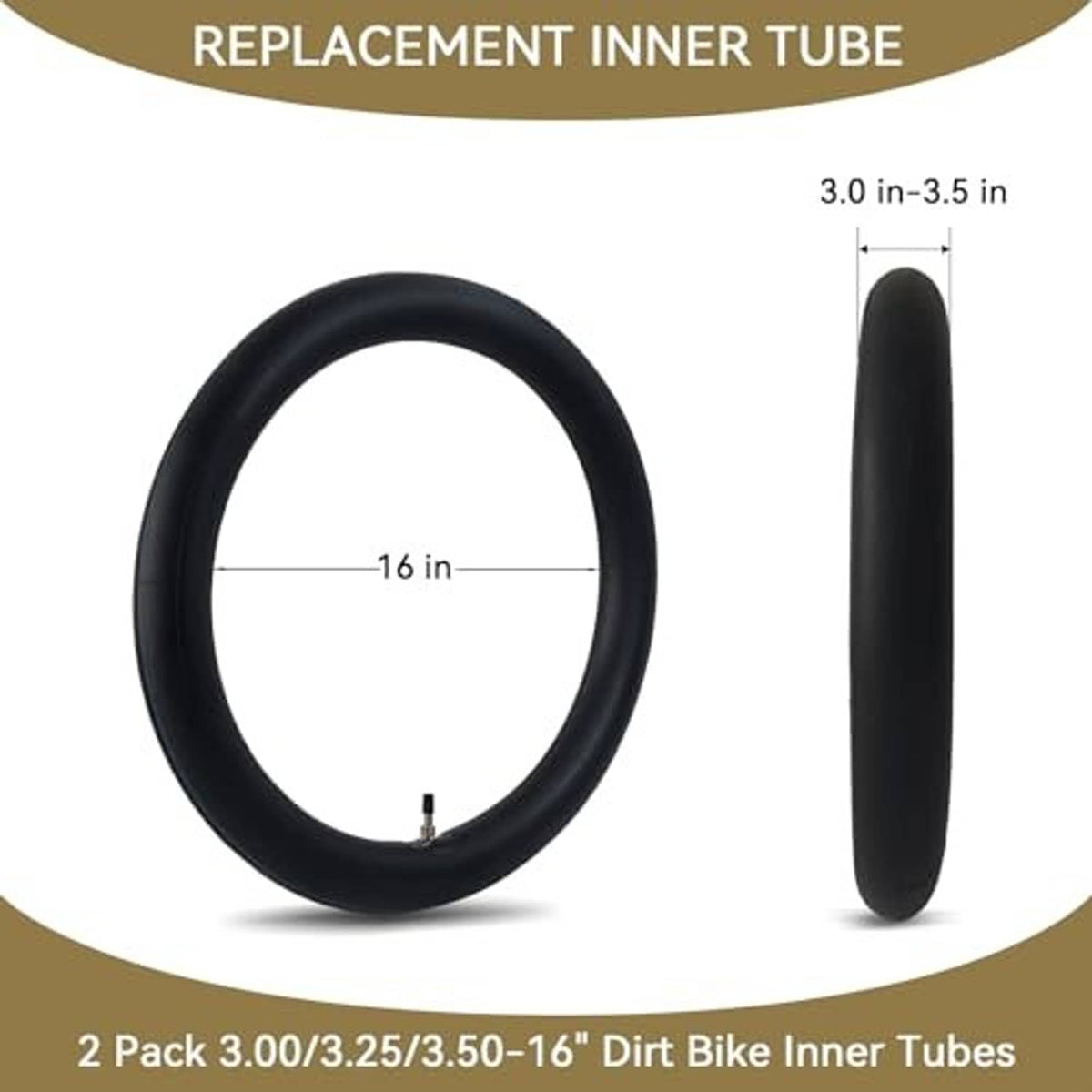 Black replacement inner tube for dirt bike tire, with valve stem and size markings
