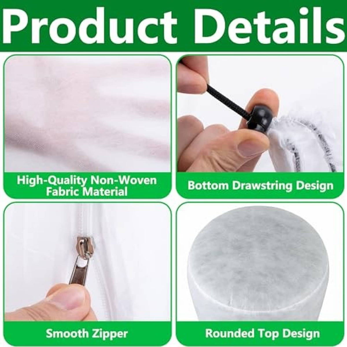 Plant shade cover bag details: non-woven fabric, smooth zipper, rounded top, bottom drawstring