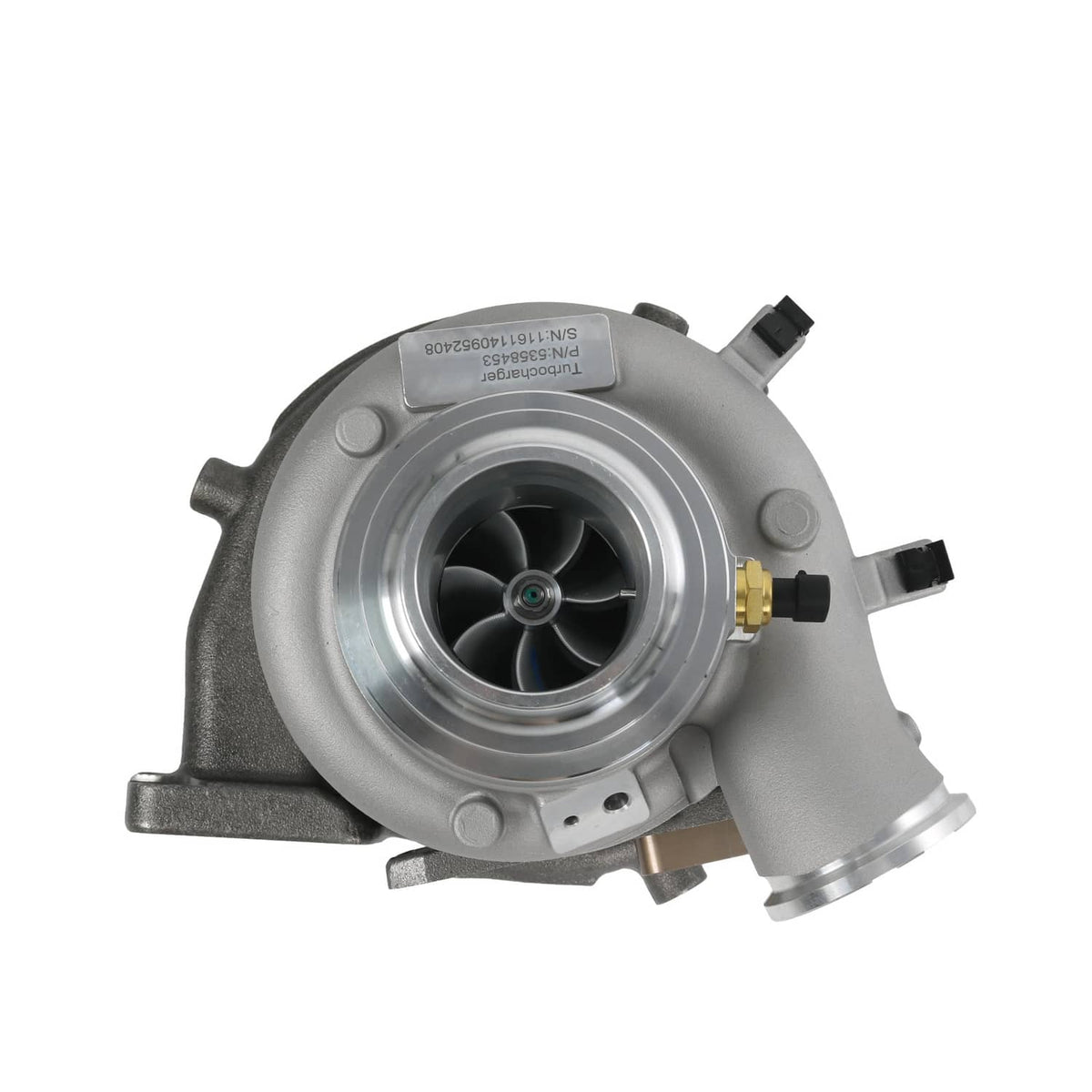 Turbocharger with visible impeller inside silver compressor inlet