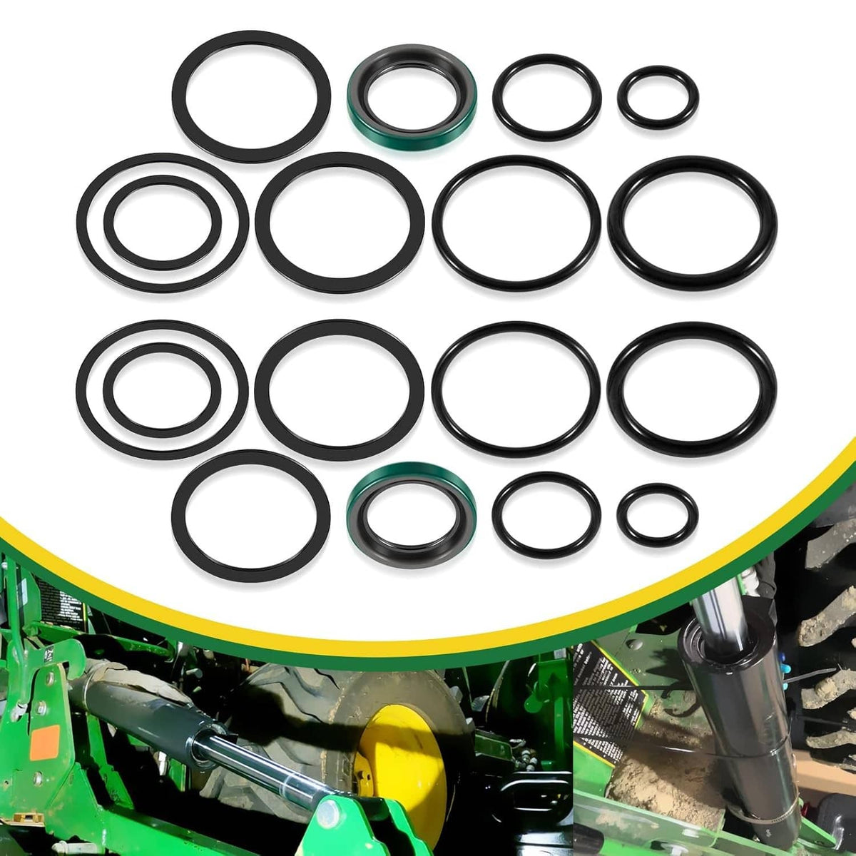 Hydraulic stabilizer cylinder seal kit with multiple black O-rings and green seal rings