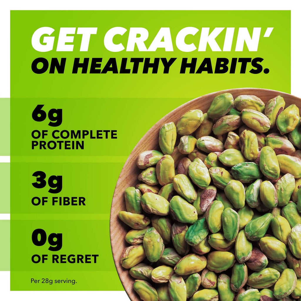 Roasted pistachios bowl with Get Crackin' healthy habits text and 6g protein callout