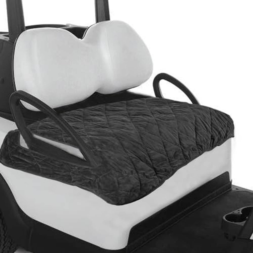 Black quilted seat cover for golf cart bench with fitted cover and handle loop