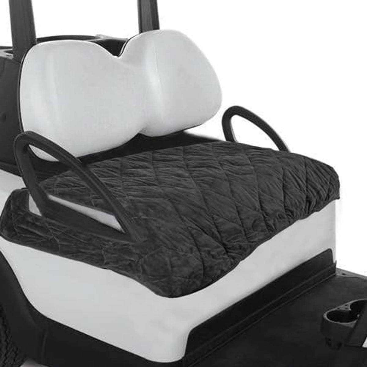 Black quilted seat cover for golf cart bench with fitted cover and handle loop