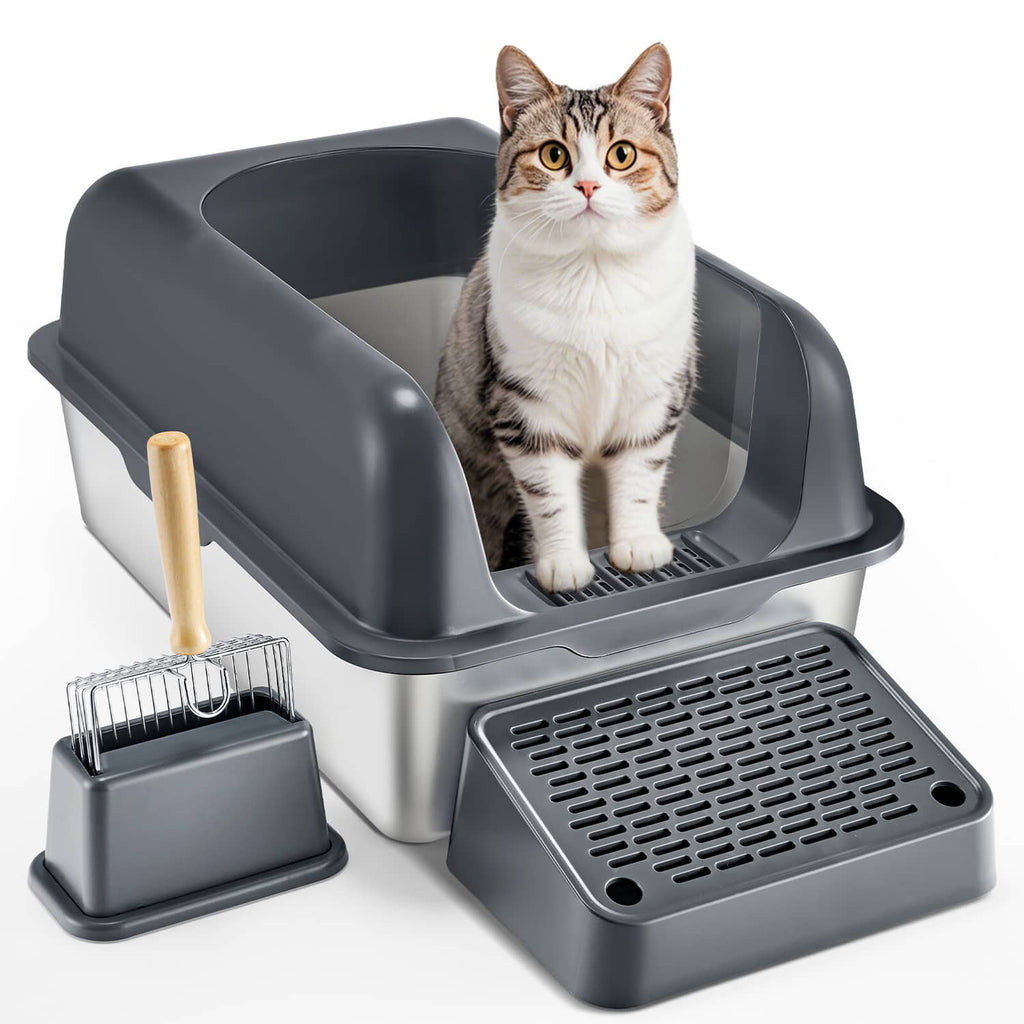Deep cat litter box with dark hood, gray base, cat inside, includes scoop and mat