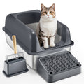 Deep cat litter box with dark hood, gray base, cat inside, includes scoop and mat