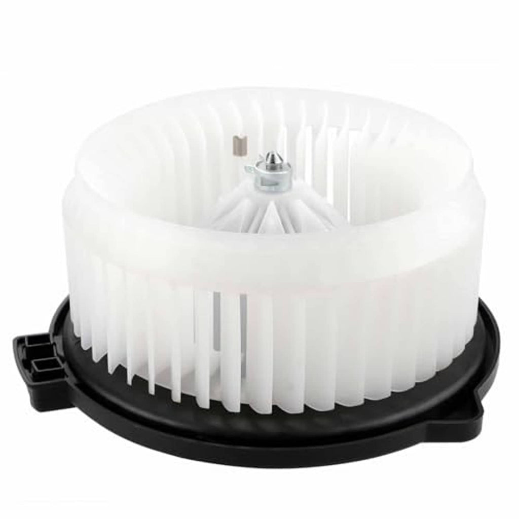 AC heater blower motor fan assembly with white radial fins and black mounting ring