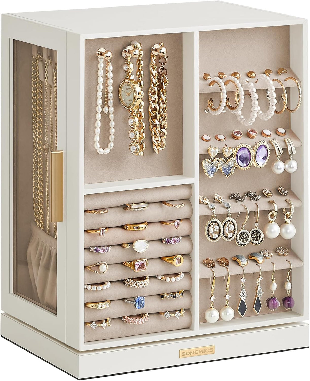 360° rotating jewelry storage box with five drawers; visible ring and earring organizer compartments