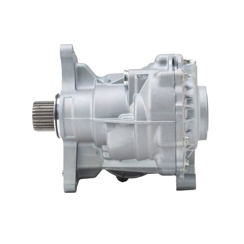 Transfer case assembly with cylindrical side output and silver metal housing