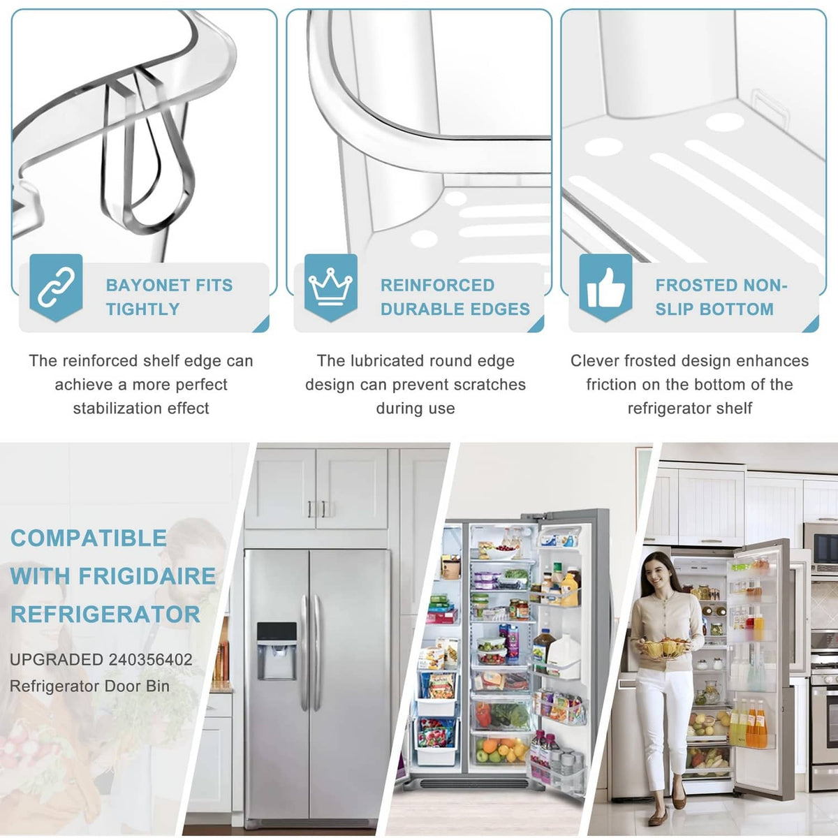 Frosted non-slip refrigerator door bin with reinforced edges and clip fittings.