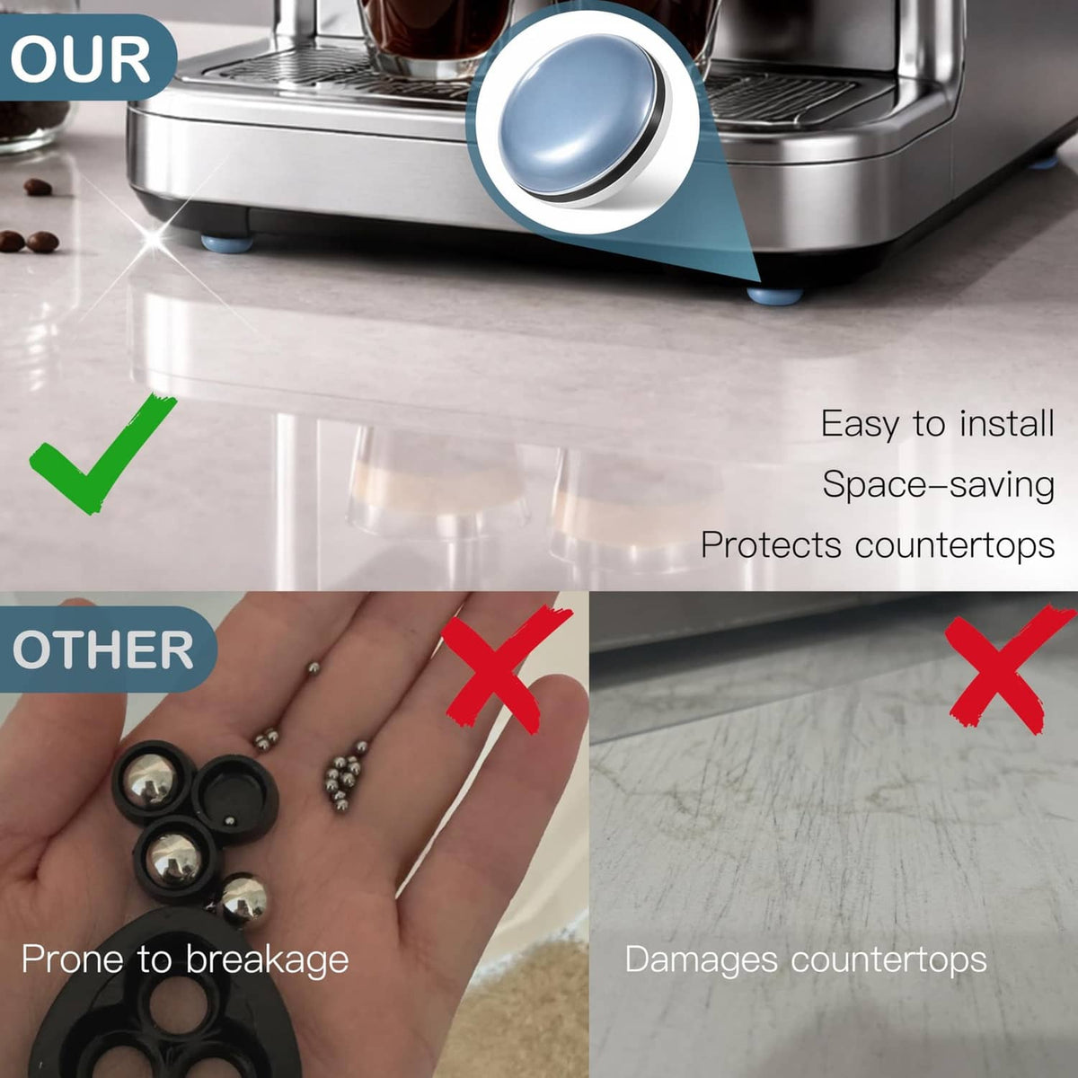 Grey appliance slider feet under stainless countertop appliance to protect surfaces